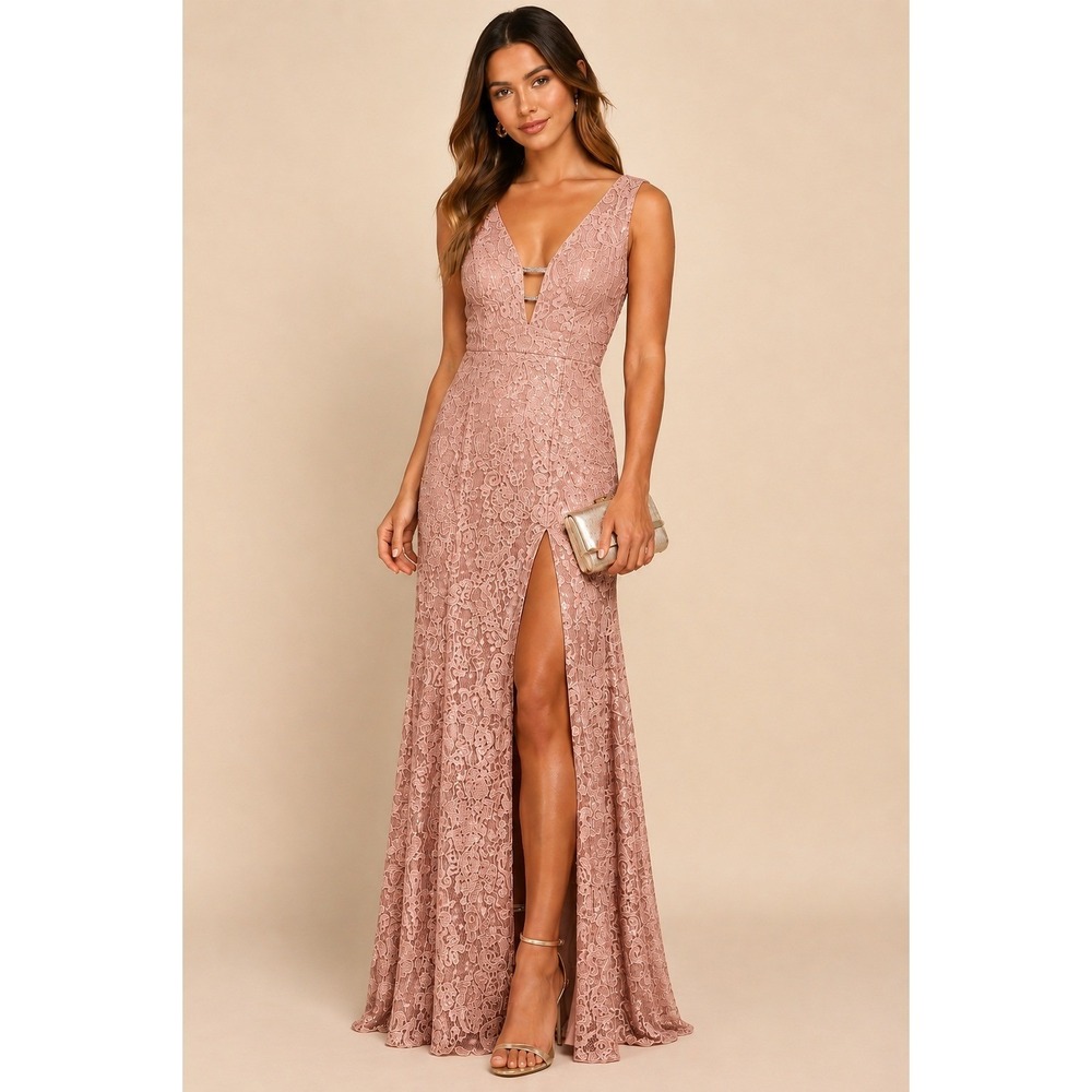 Showpo Madison Maxi Dress Blush Pink Lace Plunge Neck Slit Formal Gown M NWT